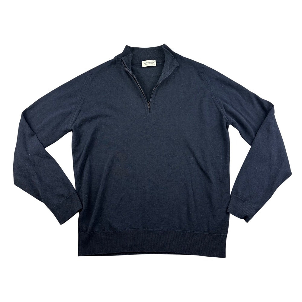 John Smedley 1/4 Zip Sweater Men XL Blue 100% Wool England Made Long Sleeve Knit